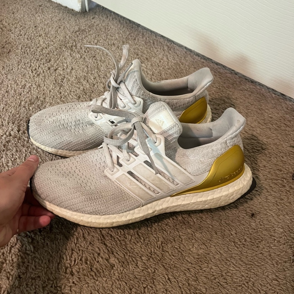 Adidas ultraboost white and gold sneakers
